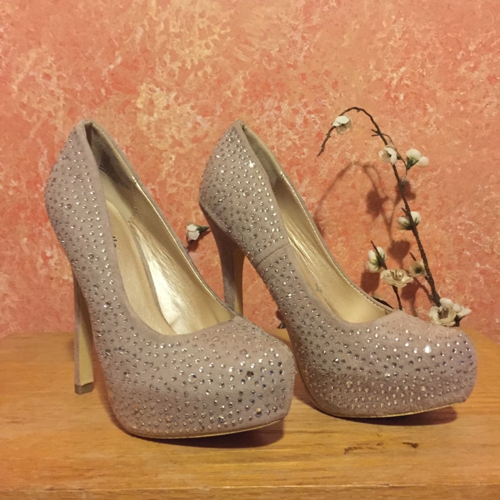 Nude Bejeweled Platform Heels